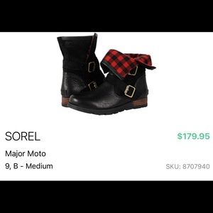 Sorel waterproof moto style winter boots with buffalo plaid liner